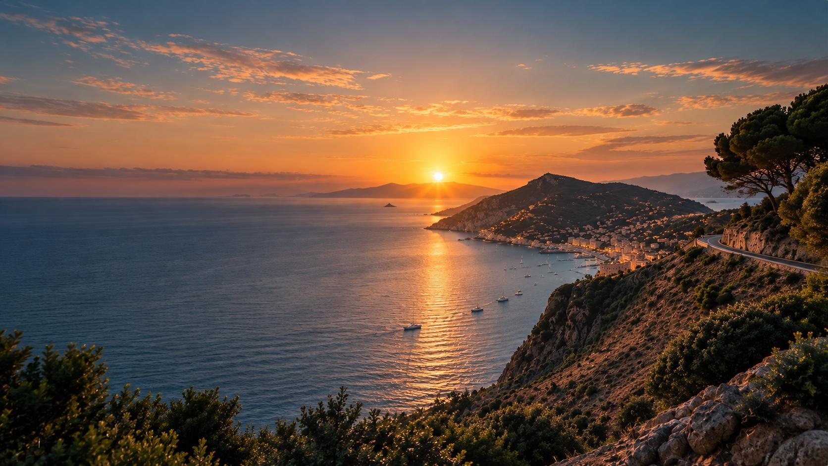 Côte méditerranéenne au coucher du soleil, mer calme et presqu’île